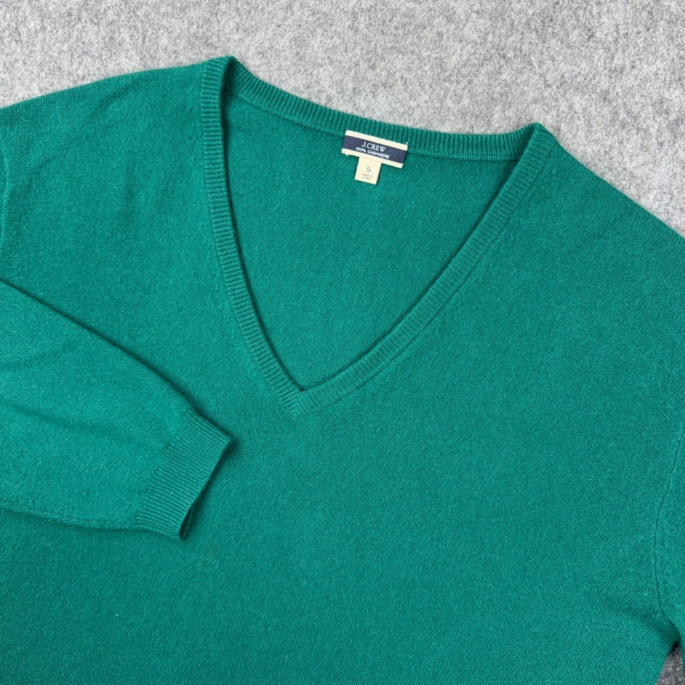 J Crew Sweater Womens Small Green 100% Cashmere V-Neck Relaxed Pullover Casual